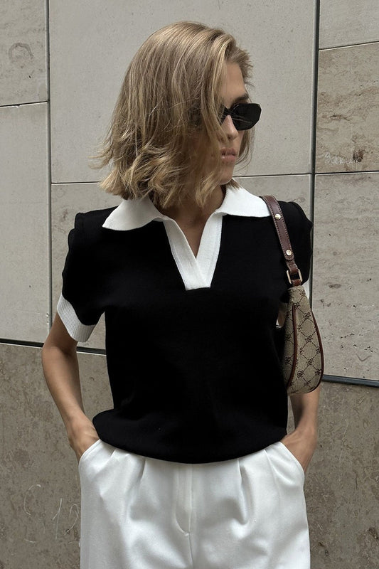 Contrast Collar Short Sleeve Polo Knit Sweater