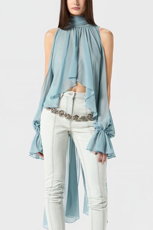 Sweet Irregular Stand Collar Loose Solid Halter Blouse