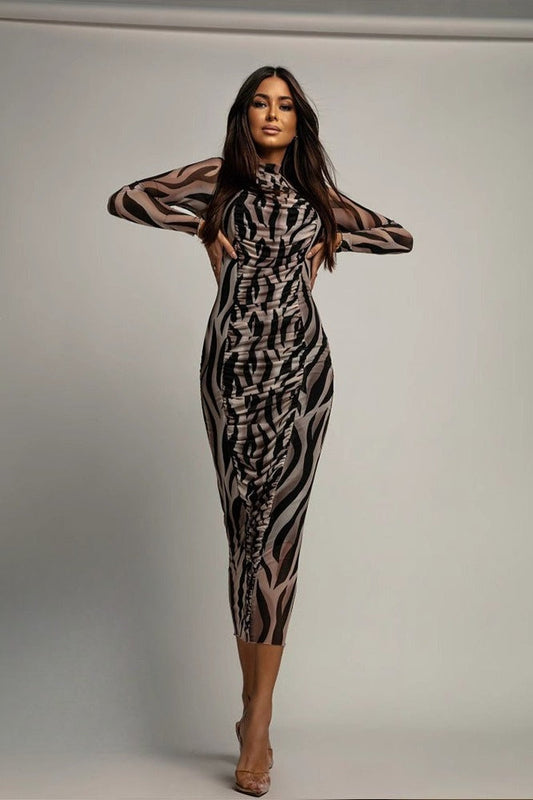 Floral Print Ruched Mesh Long Sleeve Bodycon Maxi Dress