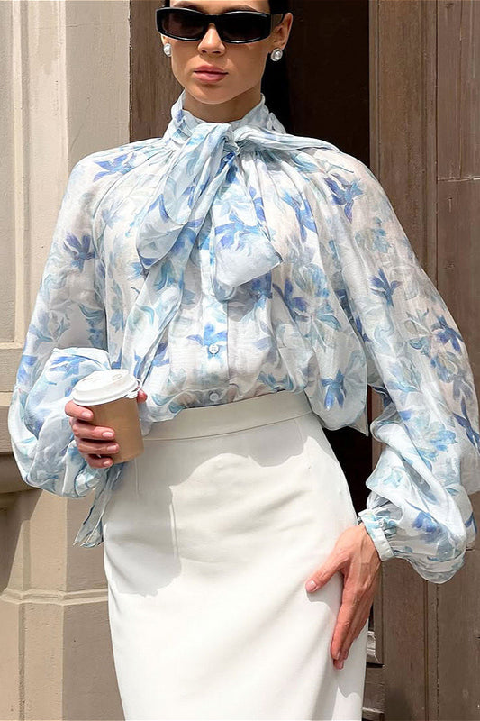 Elegant Tie Lantern Sleeve Floral Blouse
