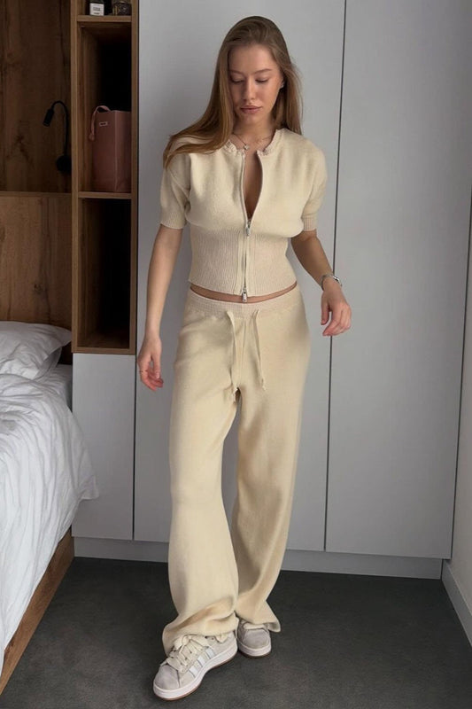 Cropped Zip Knit Top Wide Leg Pants Set