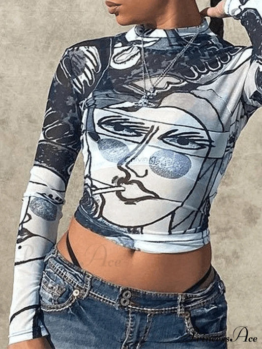 Abstract Boat Neck Long Sleeve Classic Fishtail Maxi Dress - Multicolor Gray / S