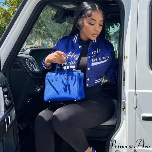 Active Letter Print Cropped Varsity Classic Bomber Jacket - Emerald Green M / Royal Blue