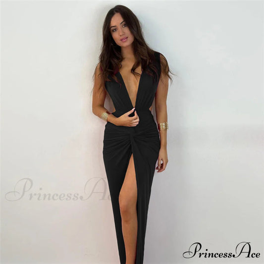 Addie Formal High Charming Slit Wrap Dress BLACK / S