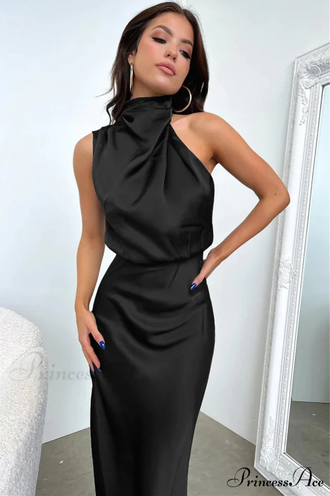 Addison Stretch Satin Charming Long Sleeve Midi Dress BLACK / S