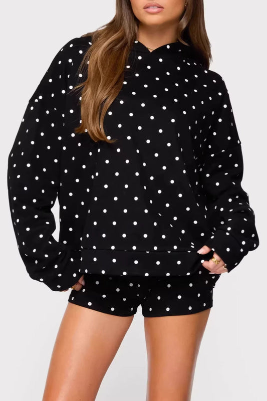 Black White Polka Dot Print Hoodie