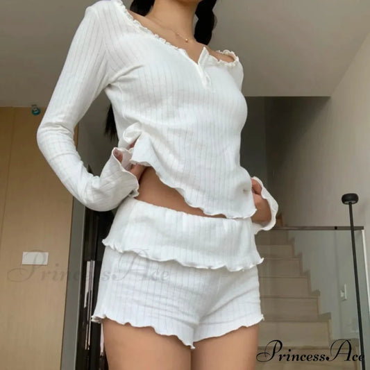 Adorable Female Long Sleeve Crop Top Shorts Two Pieces Set WHITE / S twopiecesset-250126