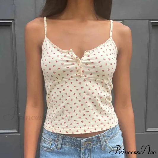 Adorable Flower Pattern Button-Up O Neck Crop Top Beige / S croptop-250126