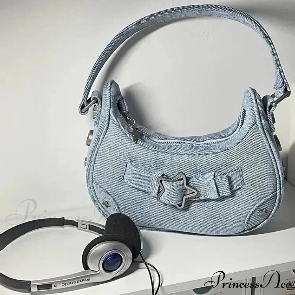 Adorable Ivory Star Leather Shoulder Tote Bag Blue shoulder-250126