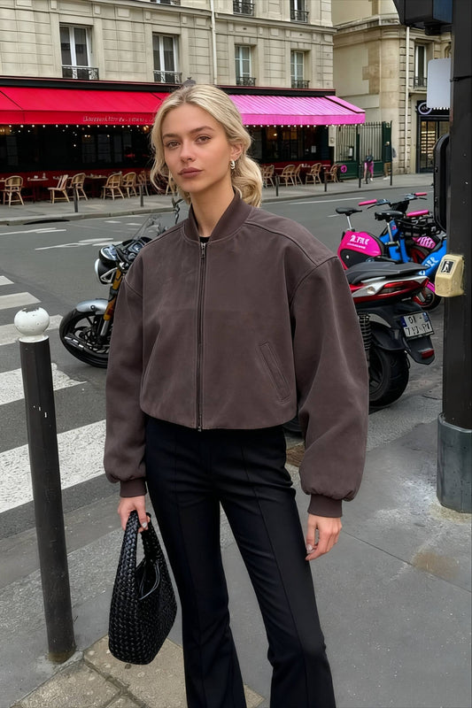 Retro Gray Suede Pilot Stand Collar Zip Jacket