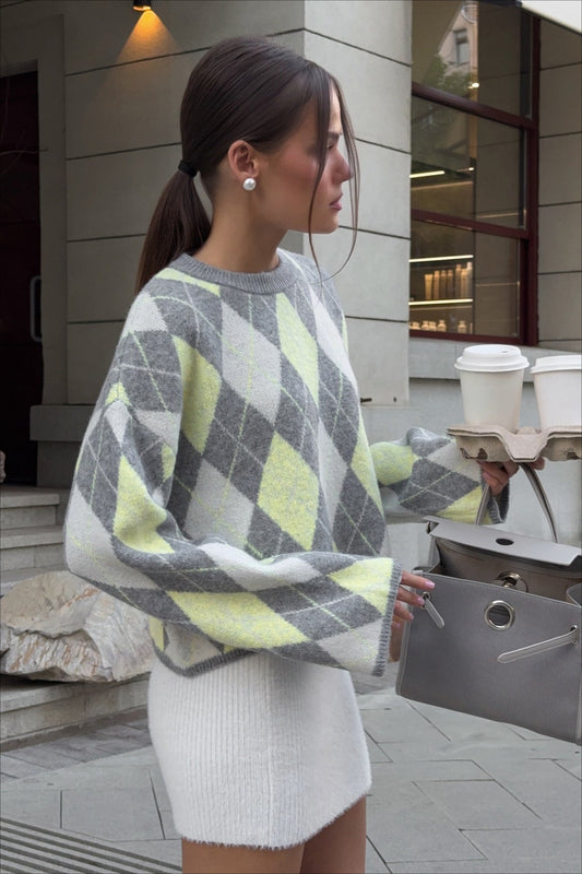 Argyle Knit Green Color Block Loose Crewneck Sweater