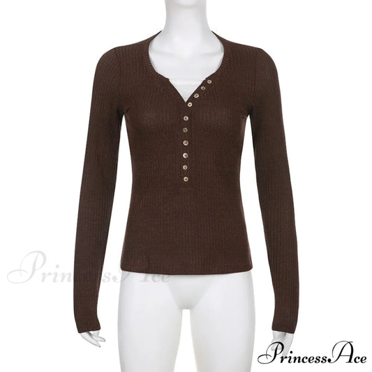 Aesthetic Up Ribbed Lace Arm Patchwork Retro Tops Y2k Skinny Casual Grunge Button Long Fairy Women T-shirt Blouse brown