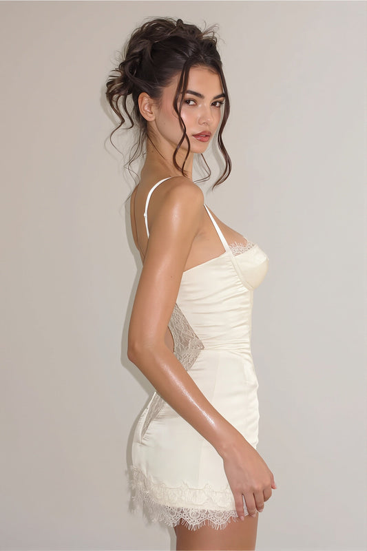 Sheer Sexy Lace Hollow Satin Mini Dress