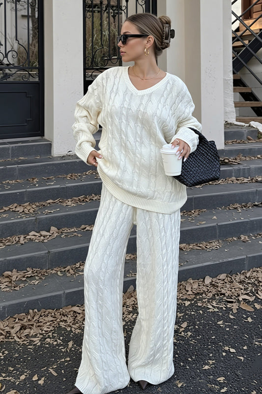 Solid Cable Knit V Neck Sweater Pants Set