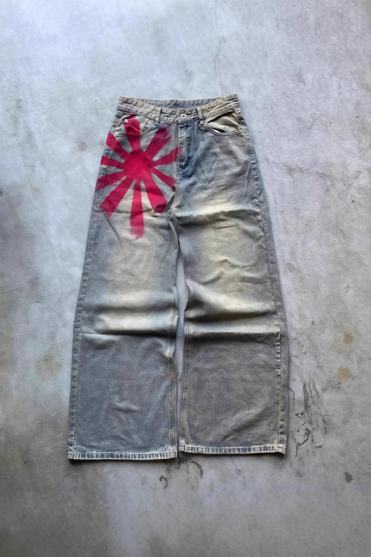 Vintage Washed Printed Wide Leg Floor Jeans