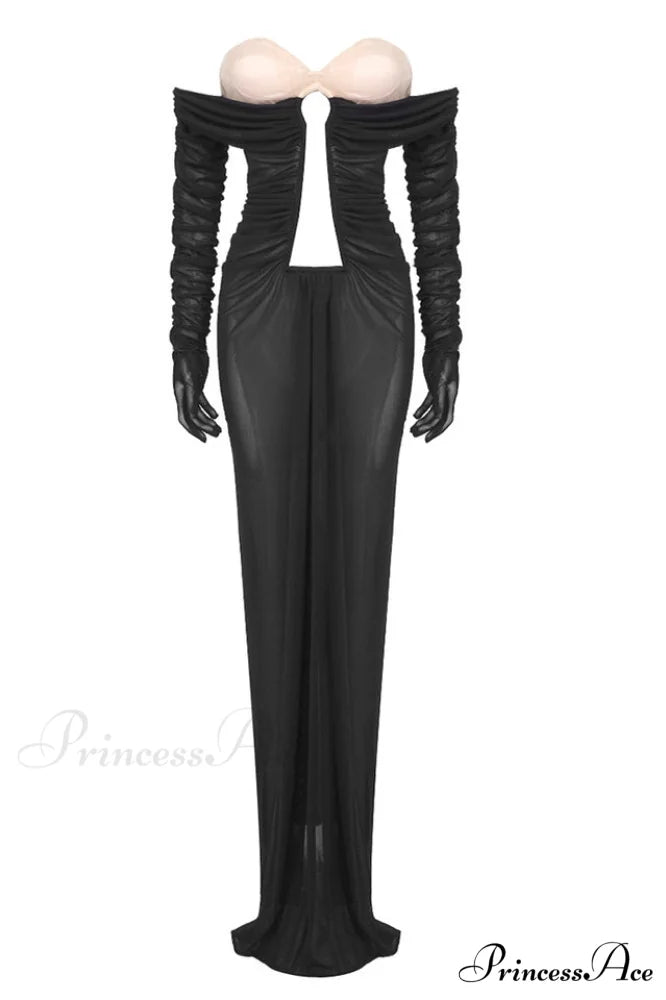 Afanen Bustier Stylish Ruched Mesh Dress XS / Black