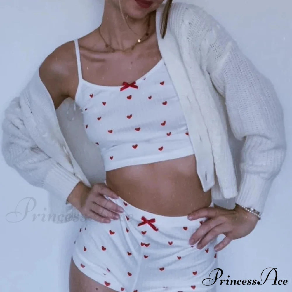 Affection Print Bow Trim Spaghetti Strap Camis Flexible Shorts Two Pieces Set twopiecesset-250126