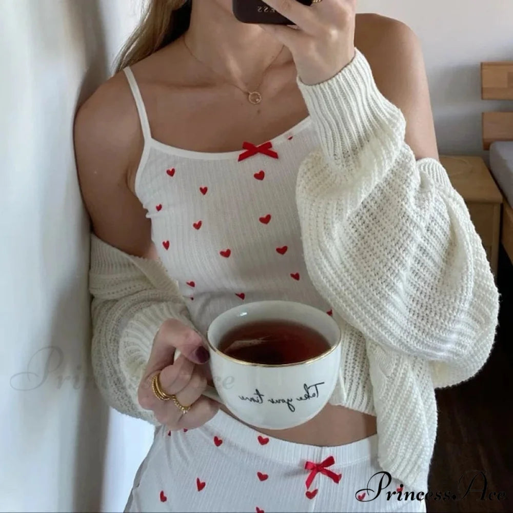 Affection Print Bow Trim Spaghetti Strap Camis Flexible Shorts Two Pieces Set twopiecesset-250126