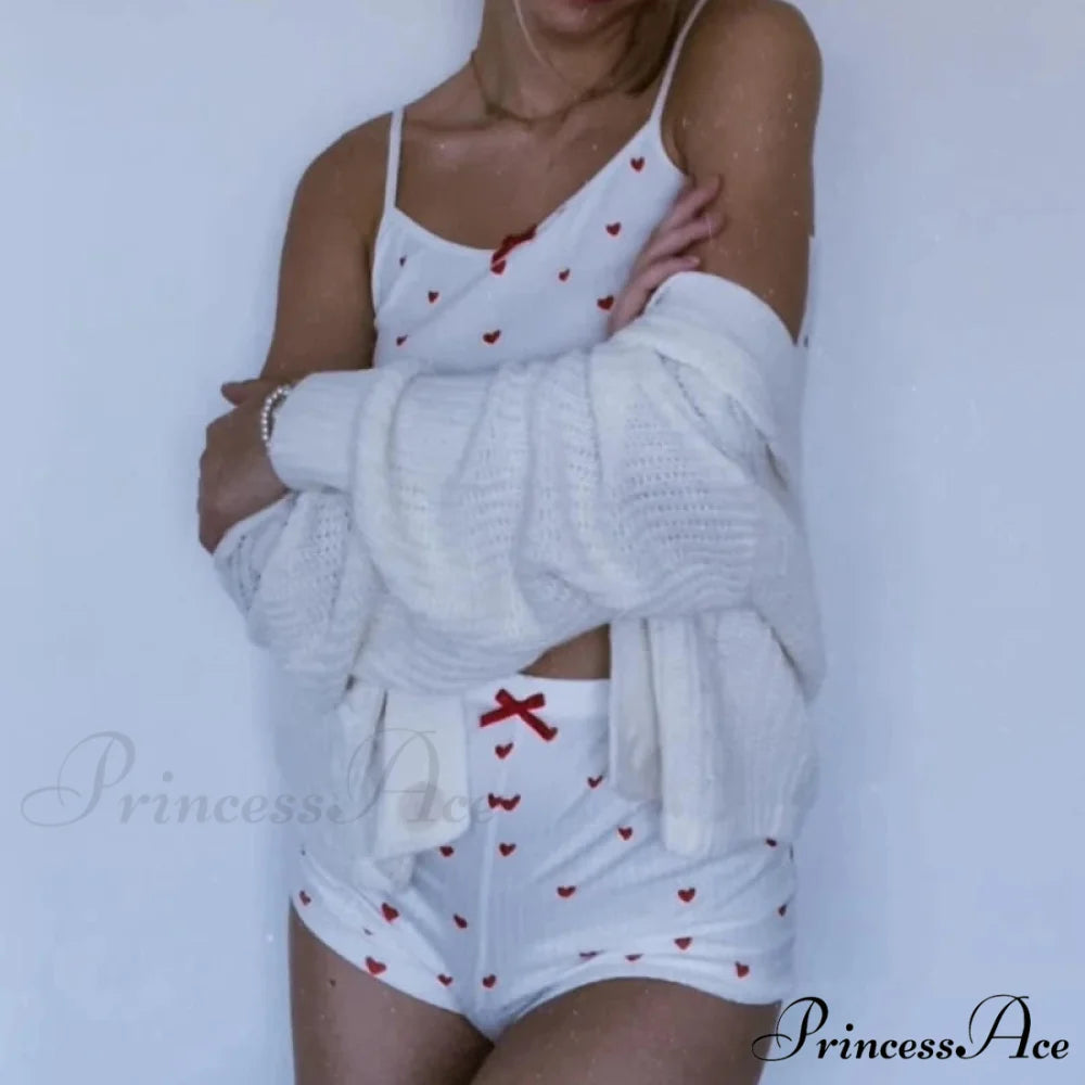 Affection Print Bow Trim Spaghetti Strap Camis Flexible Shorts Two Pieces Set twopiecesset-250126
