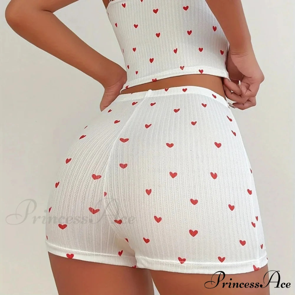 Affection Print Bow Trim Spaghetti Strap Camis Flexible Shorts Two Pieces Set twopiecesset-250126