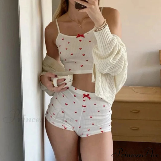 Affection Print Bow Trim Spaghetti Strap Camis Flexible Shorts Two Pieces Set WHITE / S twopiecesset-250126