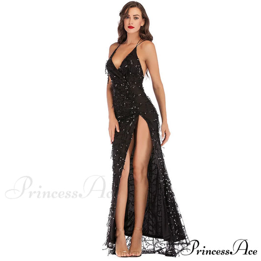 Alese Scroll Sequin Charming Cross Back Mermaid Dress Black / S