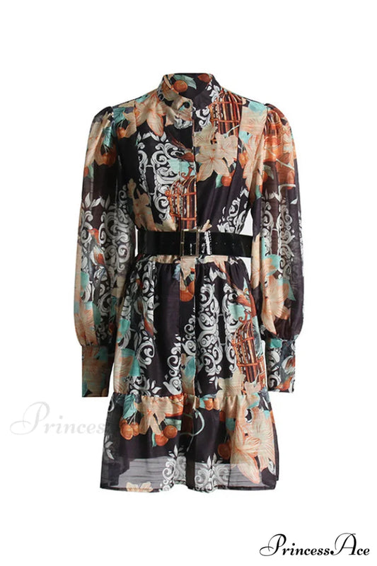 Alexandra Belted Stylish Mini Dress S / Azalea Print in Twilight