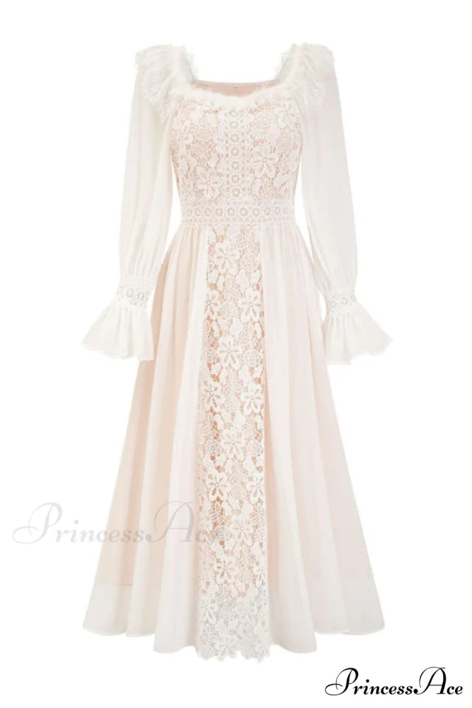 Aliana Floral Hollow Charming Long Sleeve Dress S / White