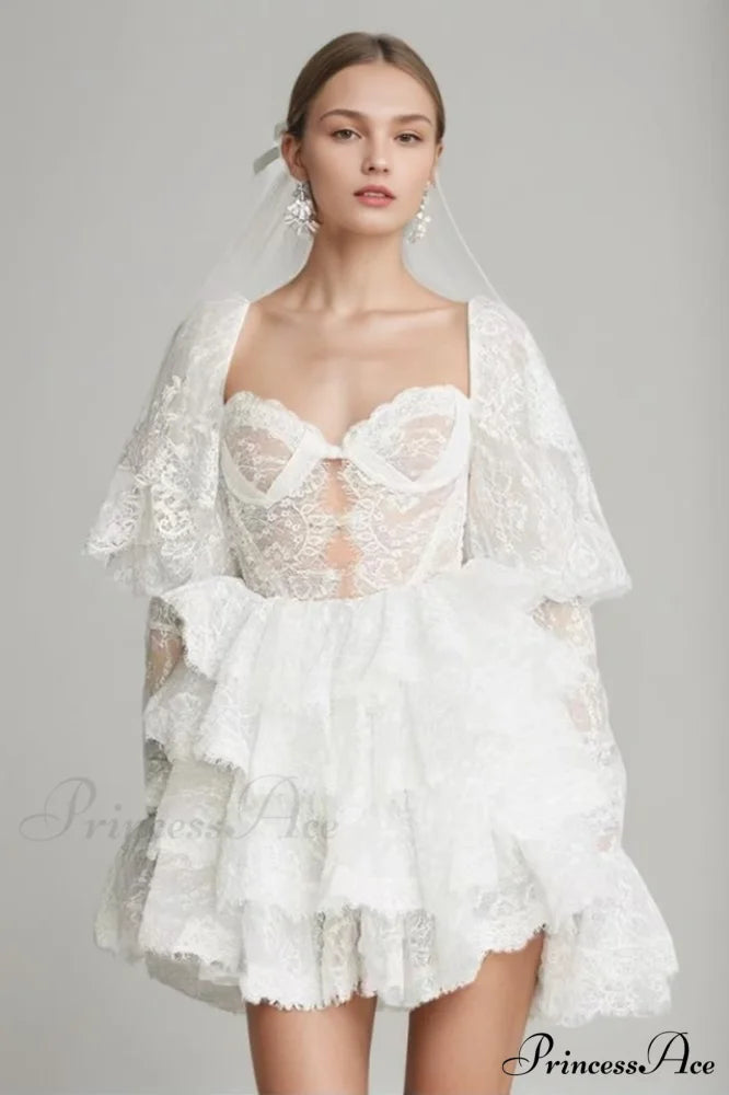 Alix Puff Shoulder Charming Tiered Mini Dress S / White