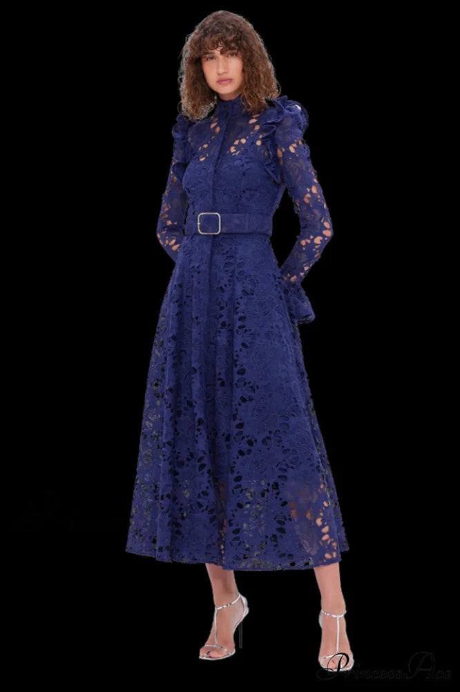 Aliyah Lace Fashion Charming Sleeve Midi Dress S / Navy