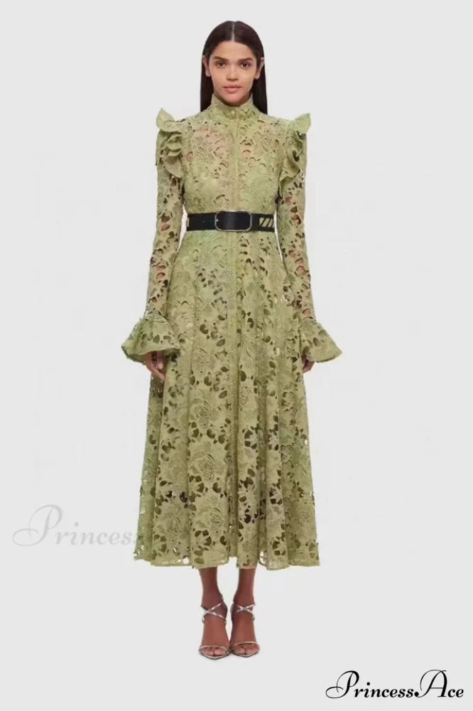 Aliyah Lace Fashion Charming Sleeve Midi Dress S / Olive