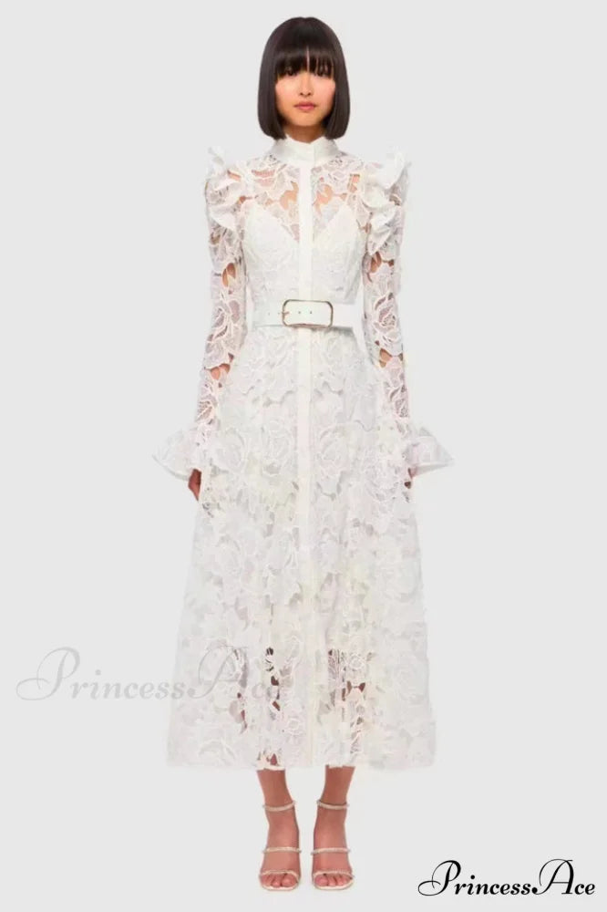 Aliyah Lace Fashion Charming Sleeve Midi Dress S / White