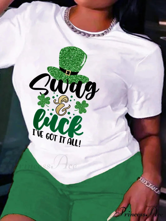 All-Season Casual Women’s St. Patrick’s Festive Alphabet Print Tee T-shirt WHITE / S