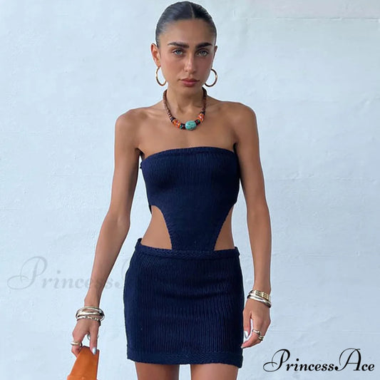 Alluring Eyelash Lace Trim Split Classic Club Mini Dress - Black S / Navy Blue