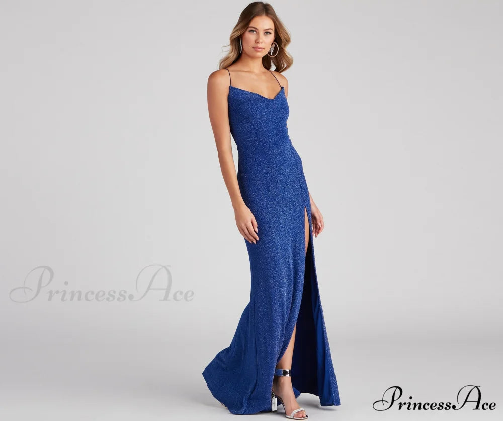 Alondra Cowl Neck Charming Metallic Glitter Formal Dress