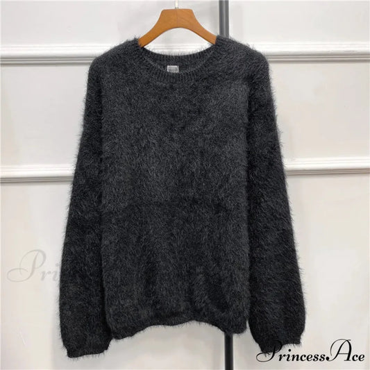 Alpaca-blend Cozy Loose Warm Comfortable Unique Trendy Casual Sweater Black / S