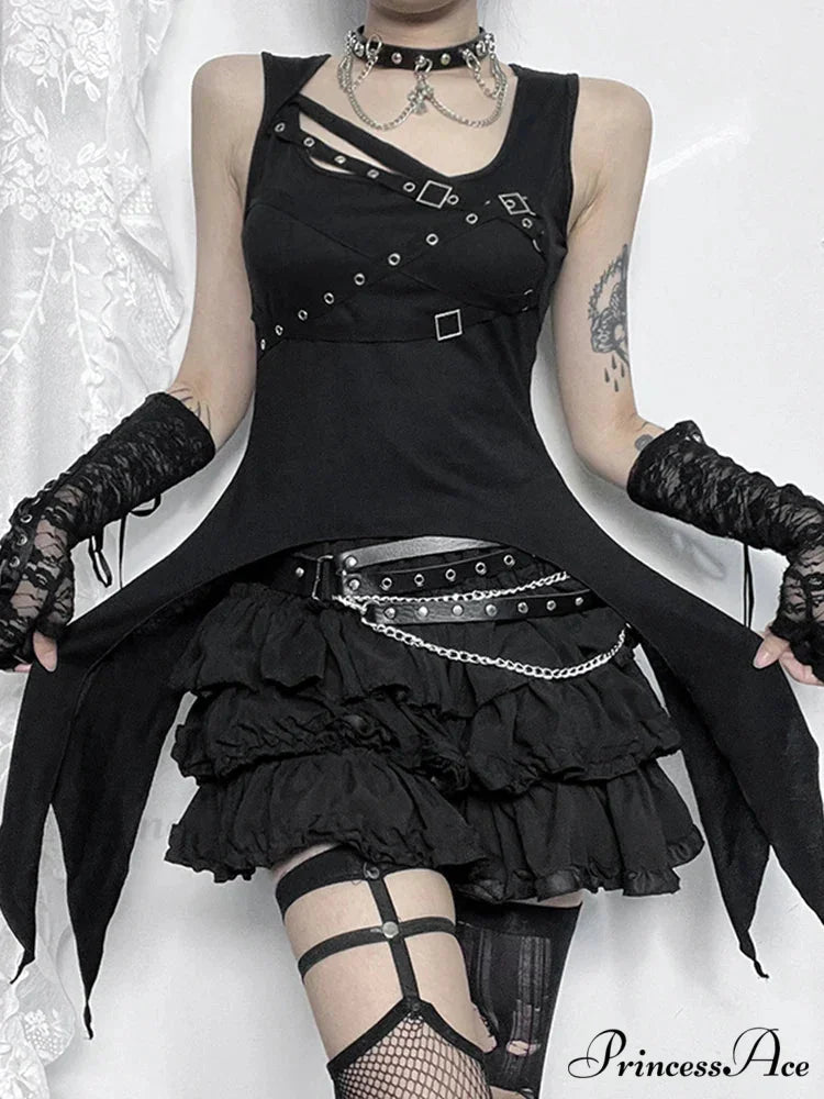 Alt Goth Cyber Y2K Gothic Eyelet Bandage Crop Top Black / S
