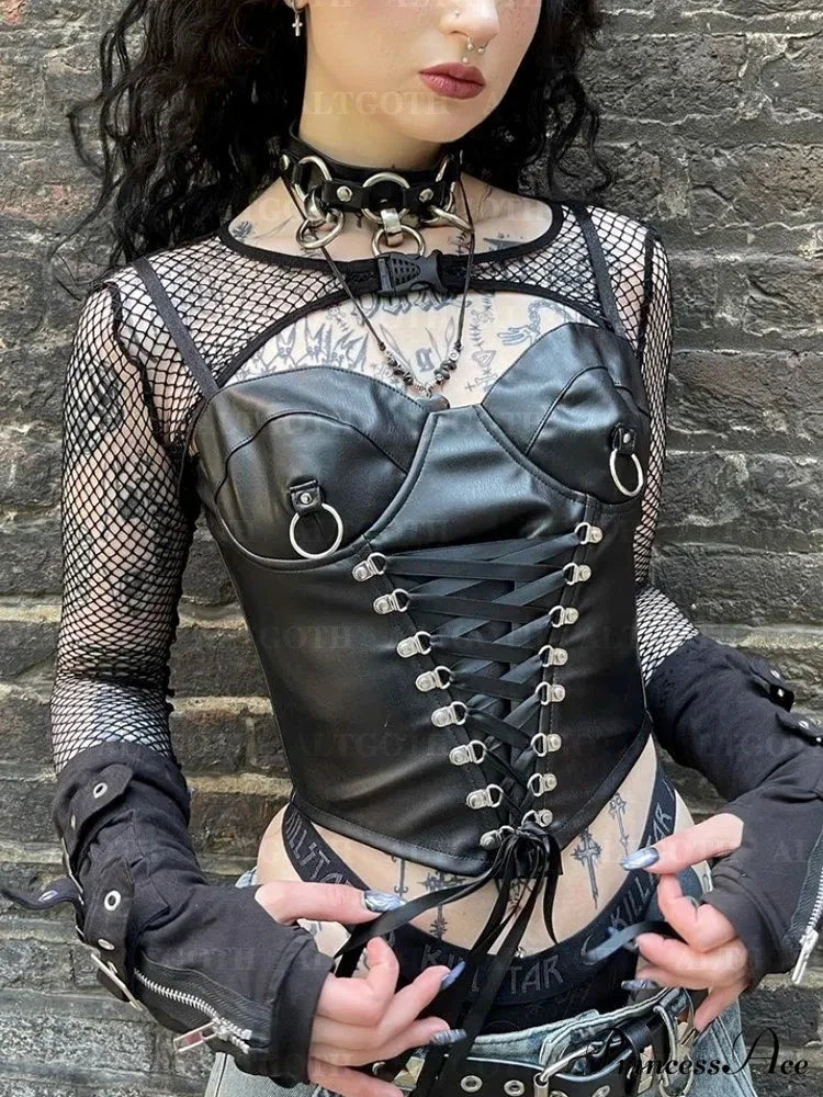 Alt Goth Cyberpunk PU Bandage Corset Crop Top Black / S