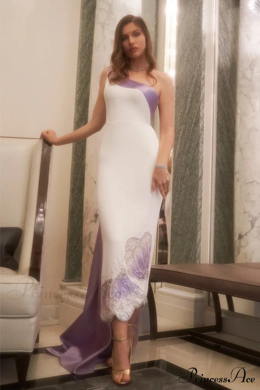 Ameena Beaded Graceful One-Shoulder Midi Dress Lilac / 2