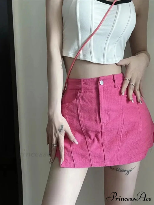 American Retro Spicy Girl Super Short Anti Glare Solid Color Pleated Low Waisted A-line Jean rose red / XS
