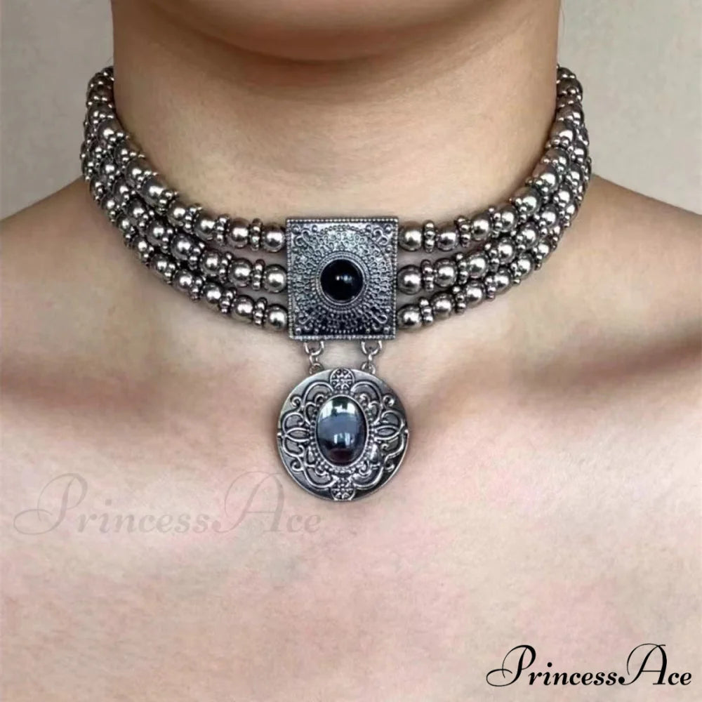 American Vintage Layered Titanium Steel Choker Necklace STEEL