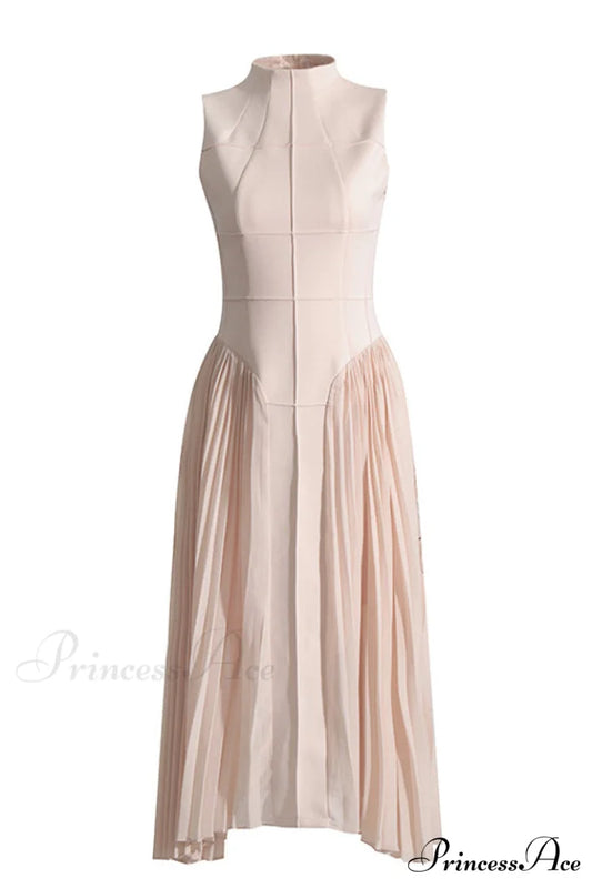 Amira Highend Stylish Sleeveless Pleated Dress S / Apricot