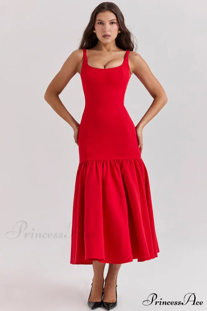 Amore Dropped Stylish Waist Midi Dress XS / Red