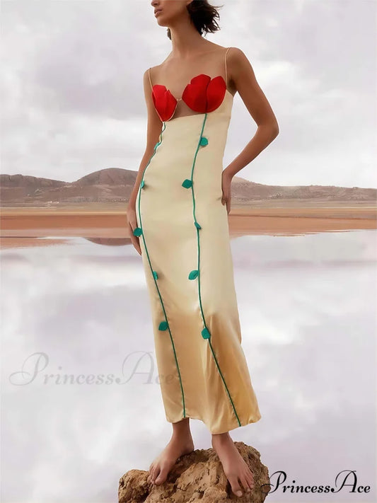 And Sexy Sleeveless Charming Contrast Patchwork Midi Dress Apricot / S