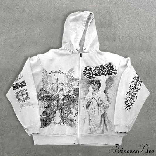 Angel Print Y2K Zip Loose Hoodie