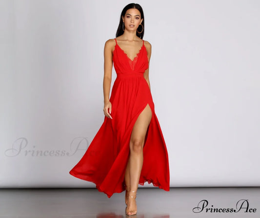 Angelique Formal High Charming Slit Lace Dress RED / S