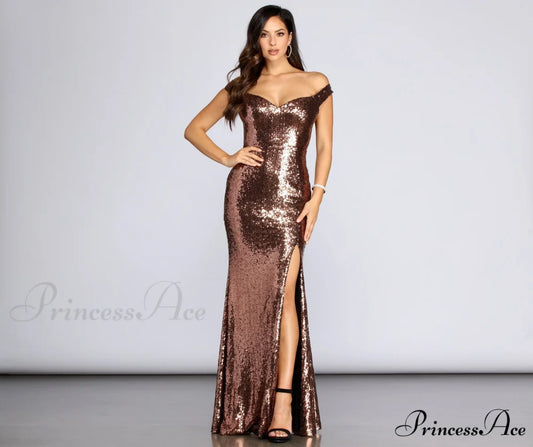 Anika Off The Charming Shoulder Sequin Dress COPPER / S