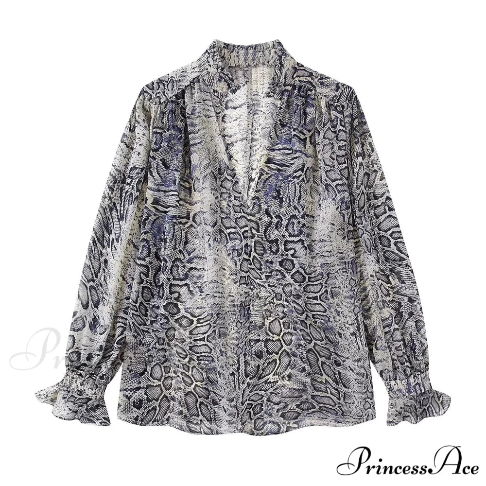 Animal Printed Long Sleeve V-Neck Blouse grey / XS