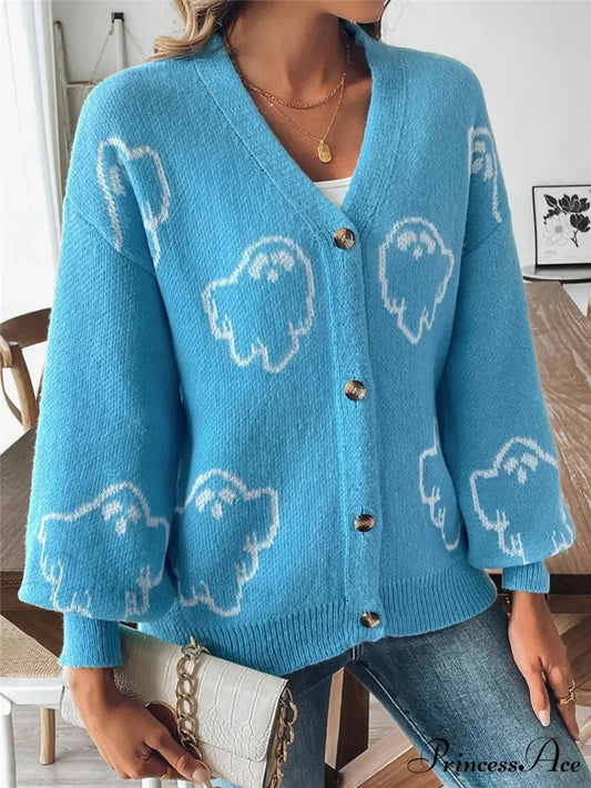 Animated Jacquard Halloween Button-up Cardigan SKY BLUE / S cardigans-241228