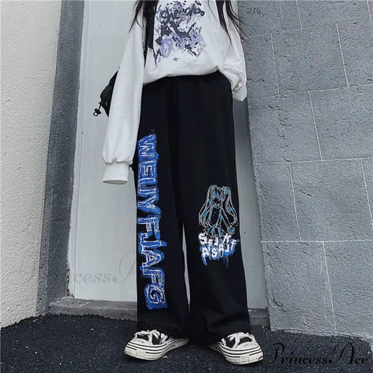 Anime Print Baggy Street Dance Trousers Black / S pants-241228